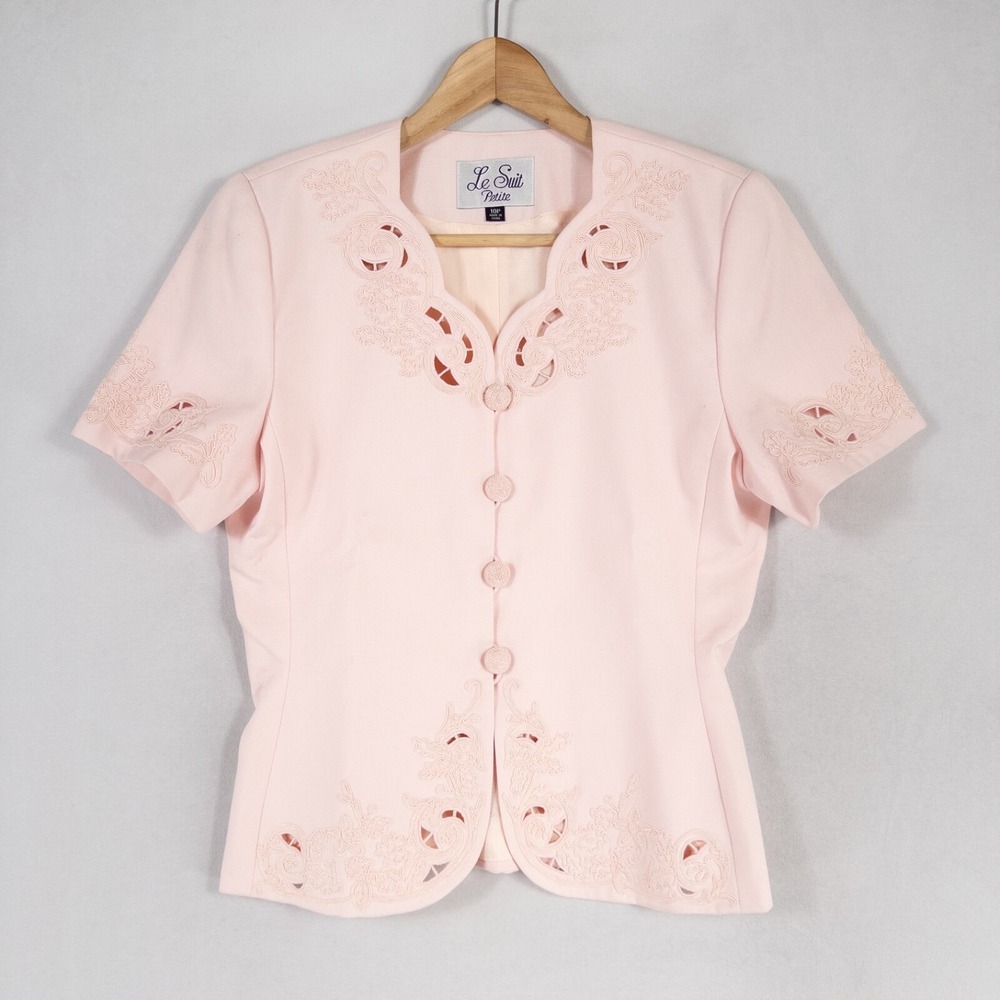 Le Suit Blazer Jacket 10 PETITE Light Pink Eyelet Appliqué Scalloped Lined Vtg